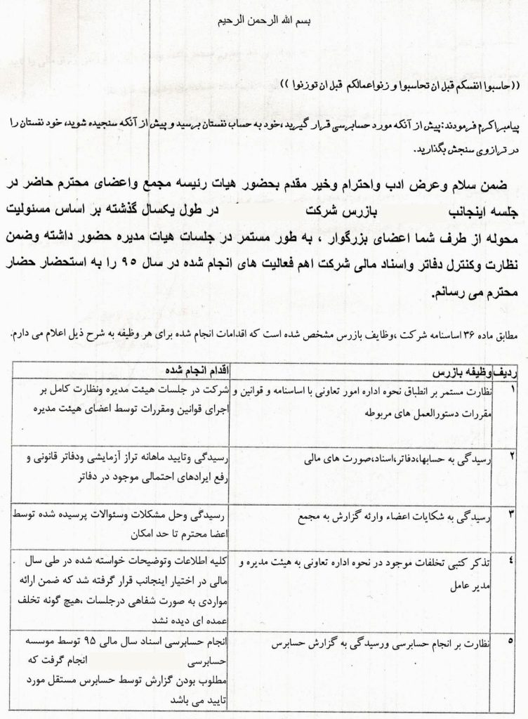 نمونه گزارش بازرس شرکت سهامی خاص